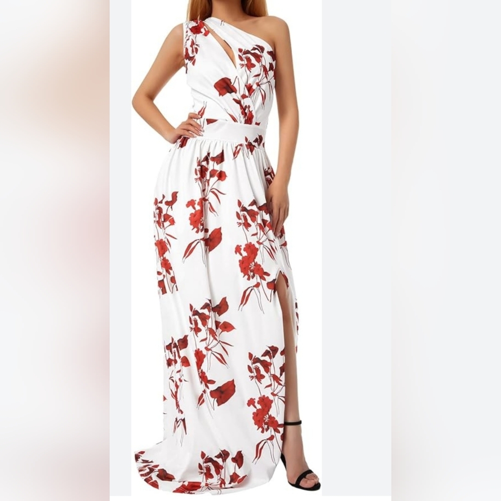 Chic One-Shoulder Floral Dress in Red and White